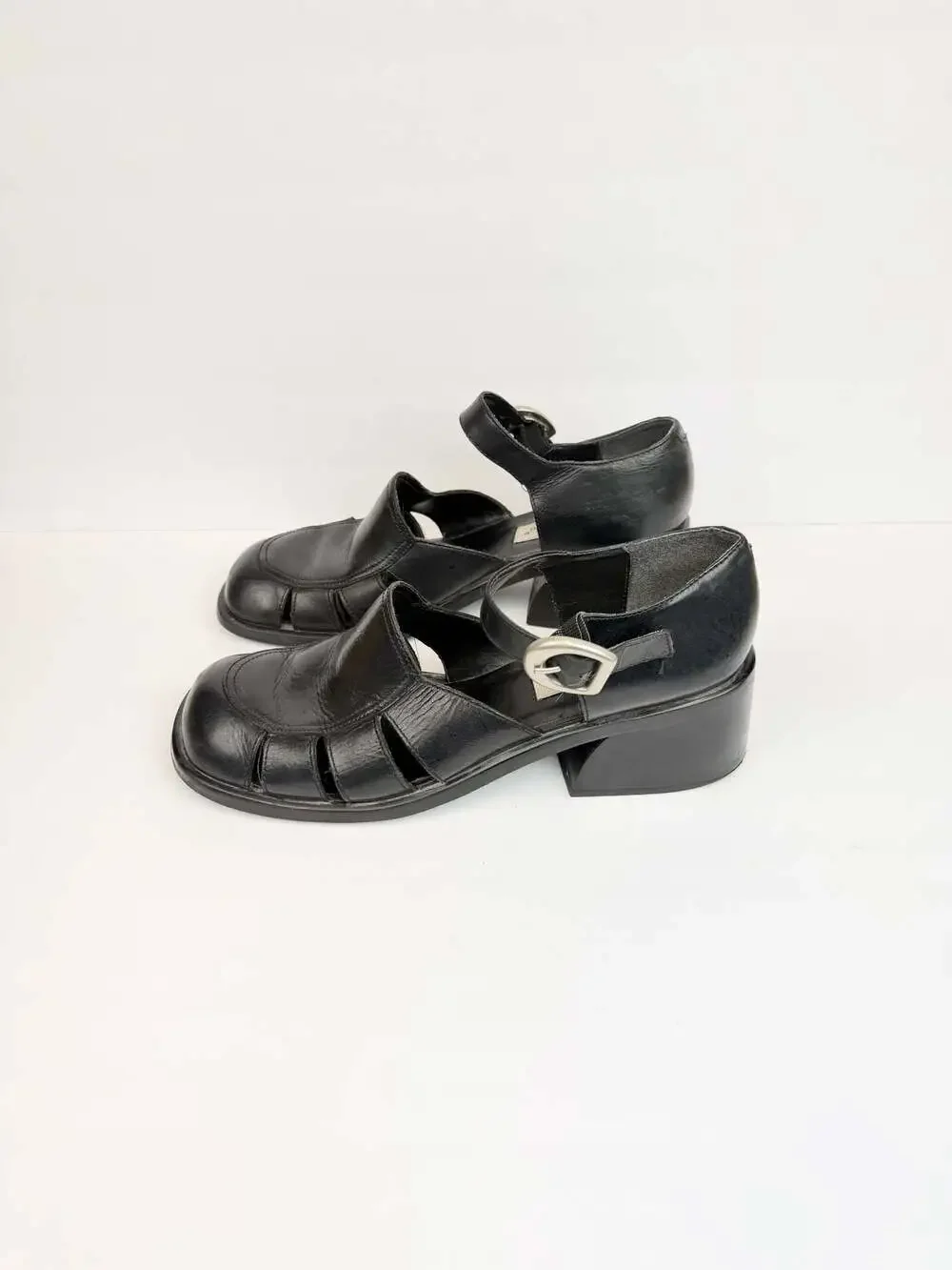 Diba Black Leather Fisherman Chunky Heel Mary Jane Sandals Size 9
